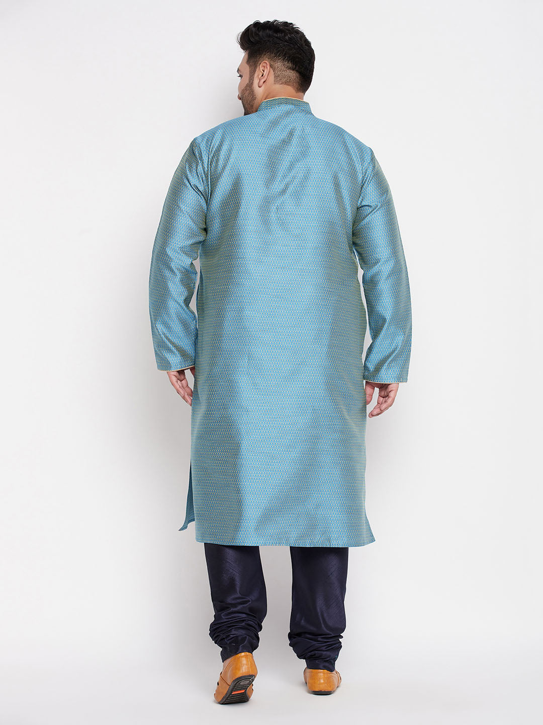 Men's Plus Size Aqua Blue Woven Kurta And Navy Blue Pyjama Set