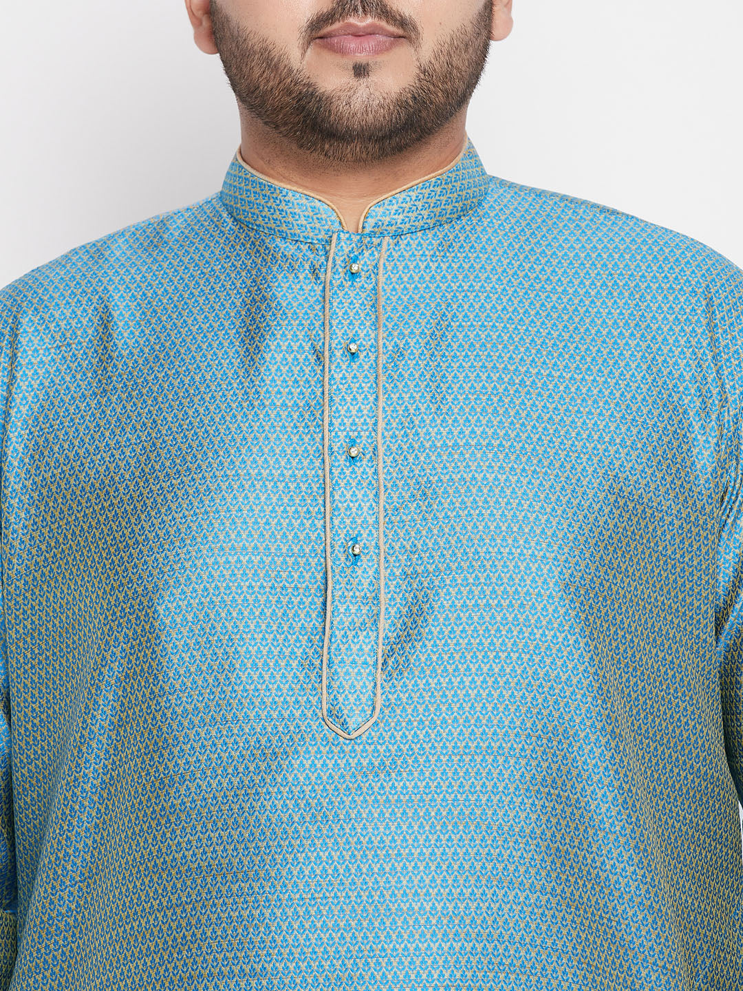 Men's Plus Size Aqua Blue Woven Kurta And Navy Blue Pyjama Set