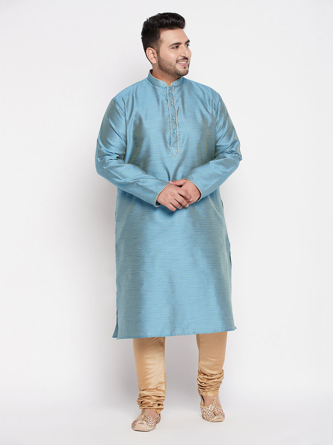 Men's Plus Size Aqua Blue Woven Kurta And Rose Gold Pyjama Set