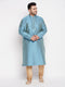 Men's Plus Size Aqua Blue Woven Kurta And Rose Gold Pyjama Set