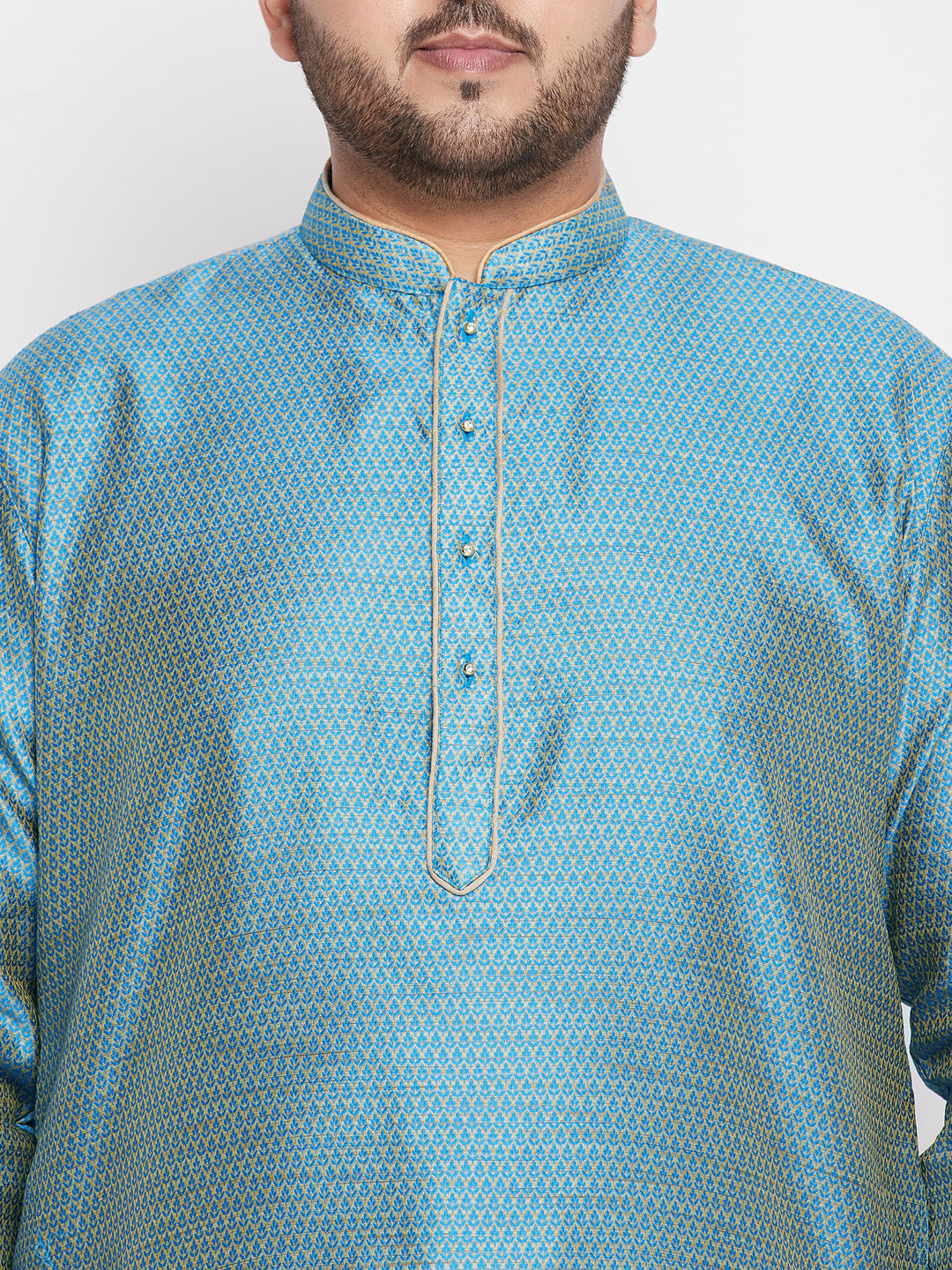 Men's Plus Size Aqua Blue Woven Kurta And Rose Gold Pyjama Set