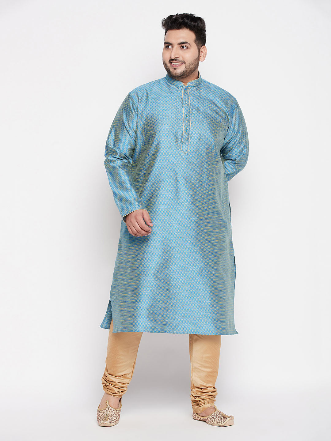 Men's Plus Size Aqua Blue Woven Kurta And Rose Gold Pyjama Set