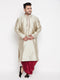 Men's Plus Size Beige Woven Kurta And Maroon Dhoti Set