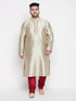 Men's Plus Size Beige Woven Kurta And Maroon Pyjama Set
