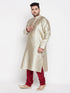 Men's Plus Size Beige Woven Kurta And Maroon Pyjama Set