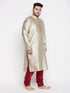 Men's Plus Size Beige Woven Kurta And Maroon Pyjama Set