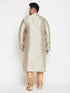 Men's Plus Size Beige Woven Kurta And Rose Gold Pyjama Set
