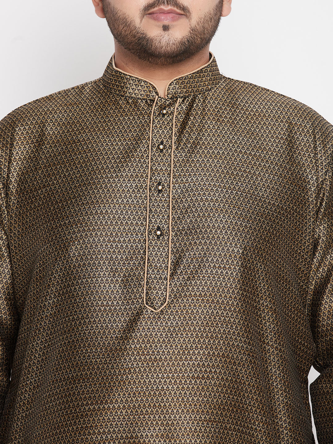 Men's Plus Size Black Woven Kurta And Rose Gold Dhoti Set