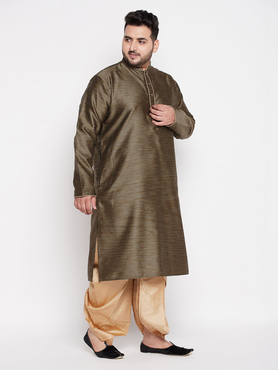 Men's Plus Size Black Woven Kurta And Rose Gold Dhoti Set