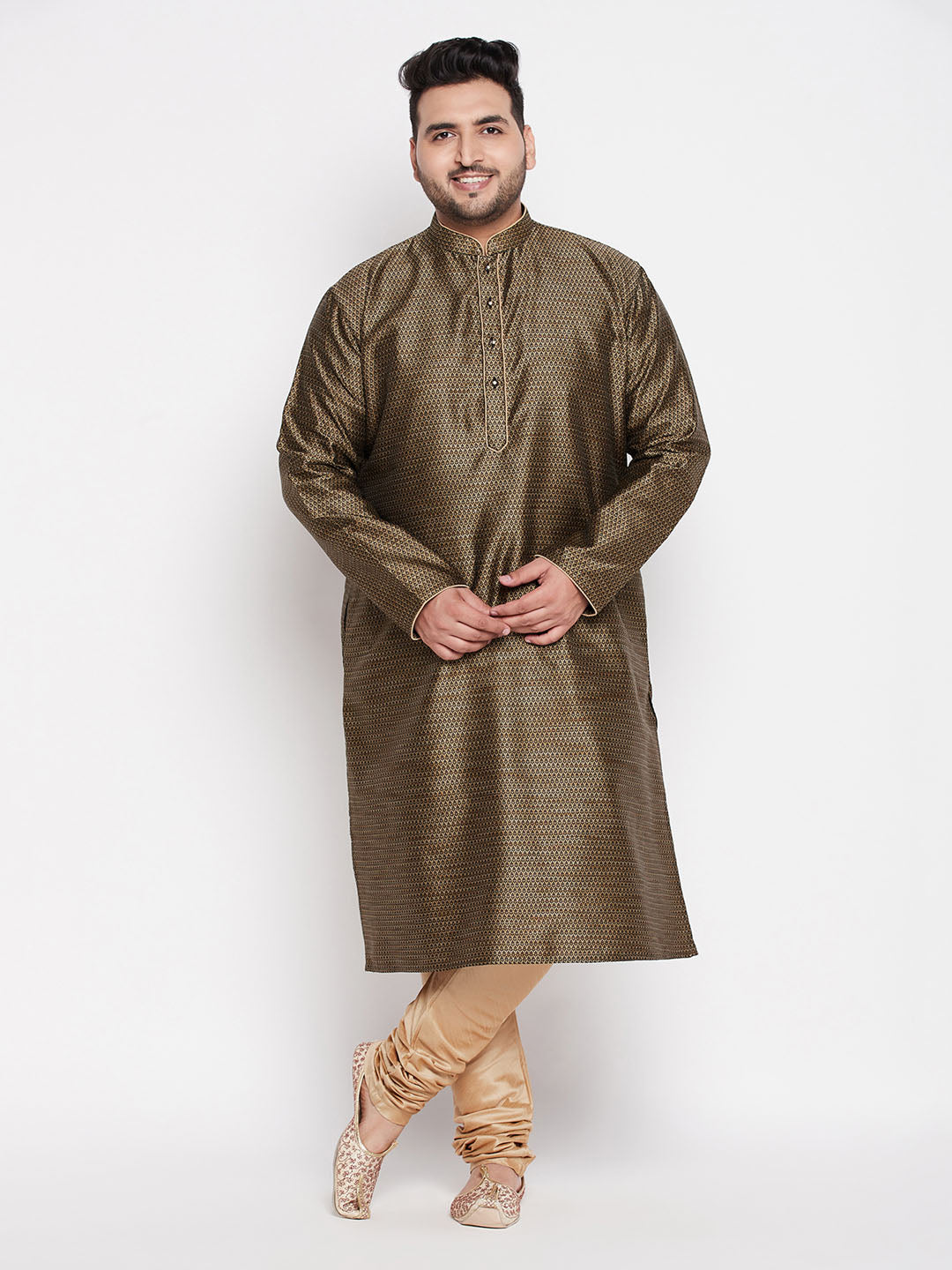 Men's Plus Size Black Woven Kurta And Rose Gold Pyjama Set
