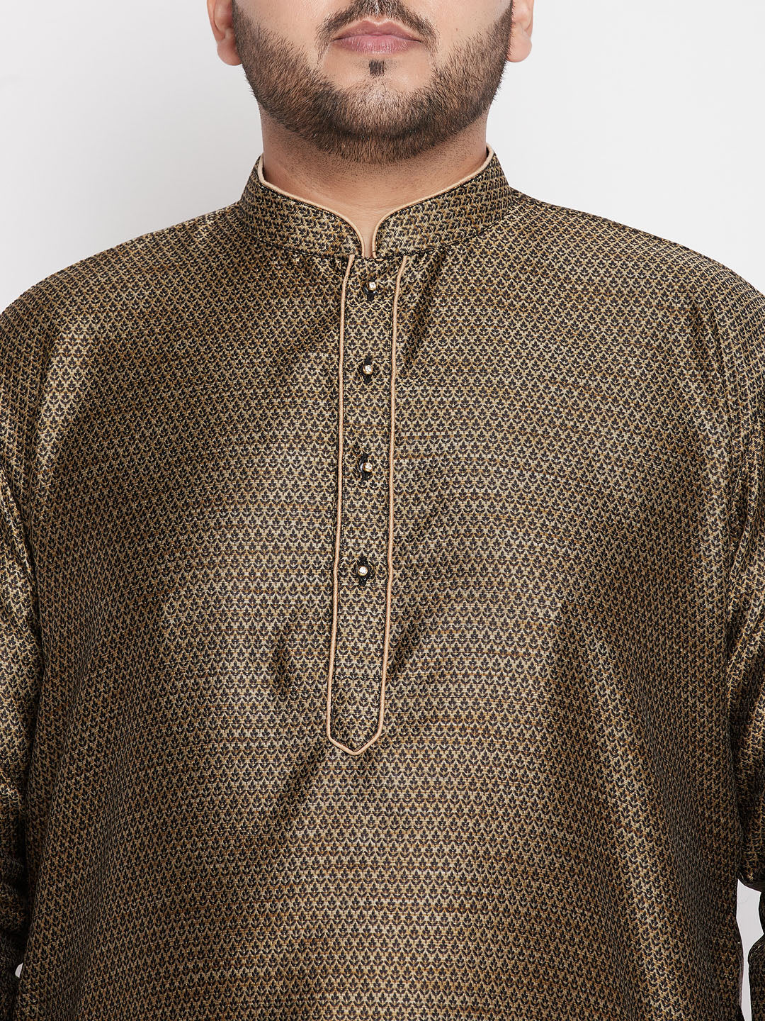 Men's Plus Size Black Woven Kurta And Rose Gold Pyjama Set