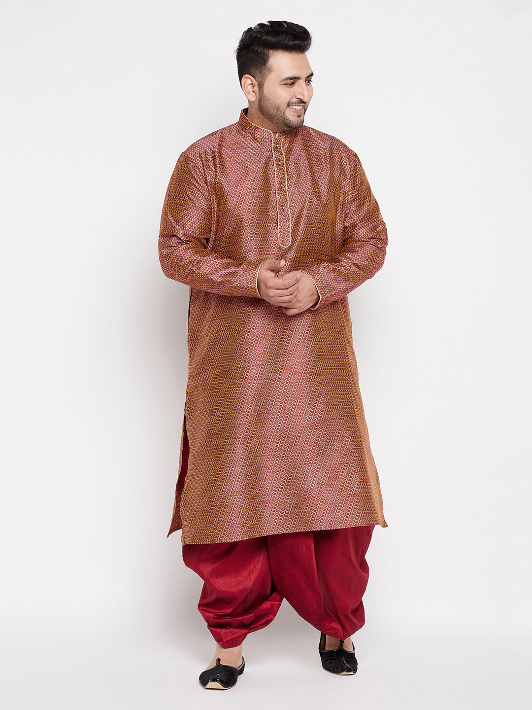 Men's Plus Size Maroon Woven Kurta And Maroon Dhoti Set