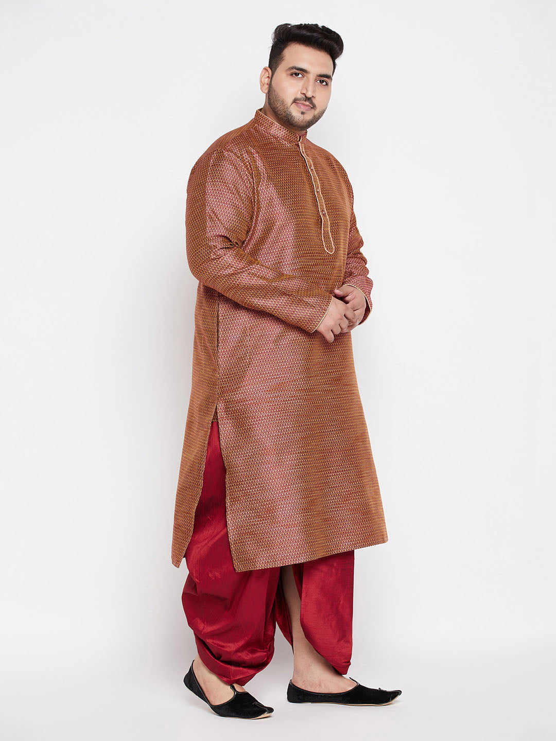 Men's Plus Size Maroon Woven Kurta And Maroon Dhoti Set