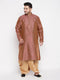 Men's Plus Size Maroon Woven Kurta And Rose Gold Dhoti Set