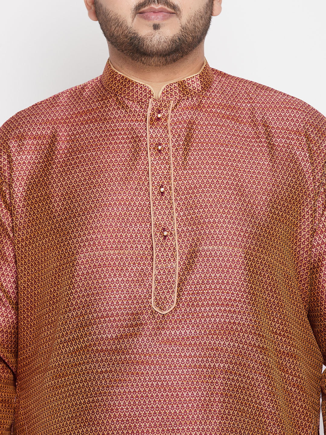 Men's Plus Size Maroon Woven Kurta And Rose Gold Dhoti Set