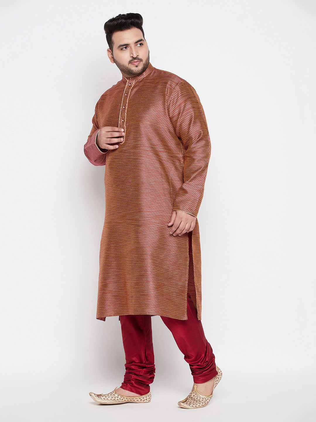 Men's Plus Size Maroon Woven Kurta And Maroon Pyjama Set