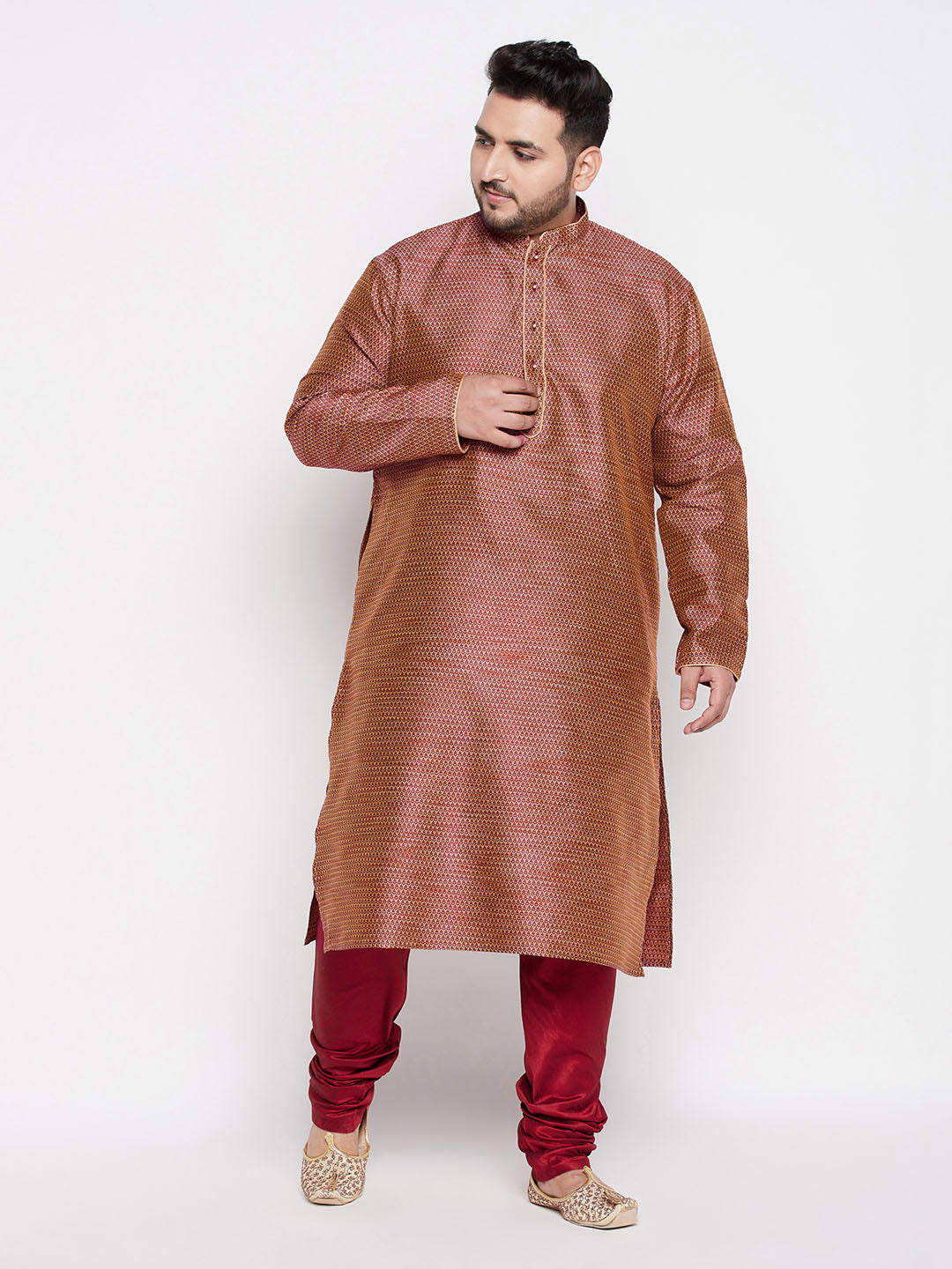 Men's Plus Size Maroon Woven Kurta And Maroon Pyjama Set