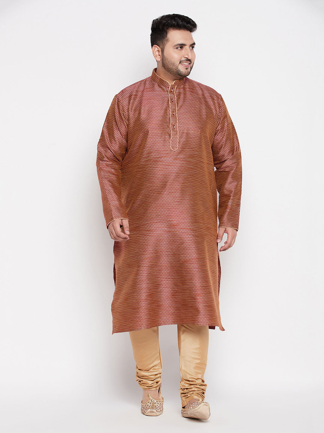 Men's Plus Size Maroon Woven Kurta And Rose Gold Pyjama Set