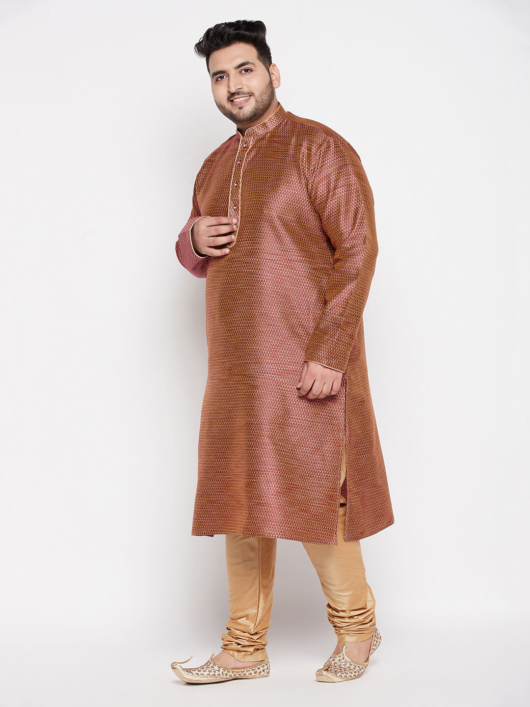 Men's Plus Size Maroon Woven Kurta And Rose Gold Pyjama Set