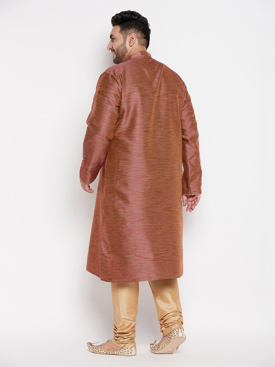 Men's Plus Size Maroon Woven Kurta And Rose Gold Pyjama Set