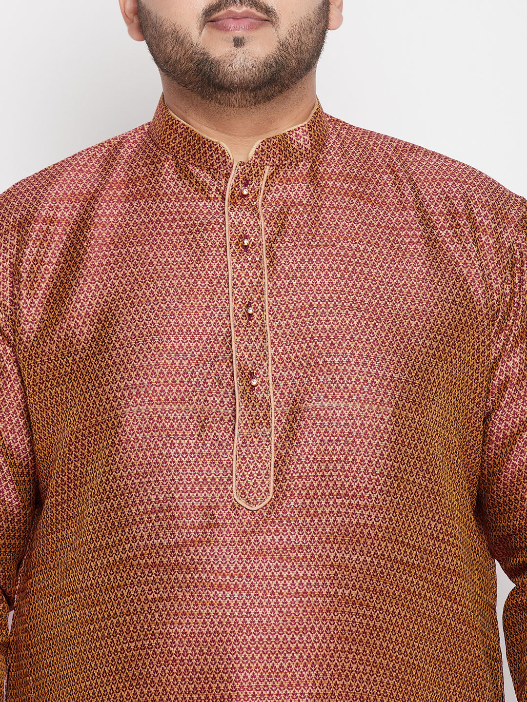 Men's Plus Size Maroon Woven Kurta And Rose Gold Pyjama Set