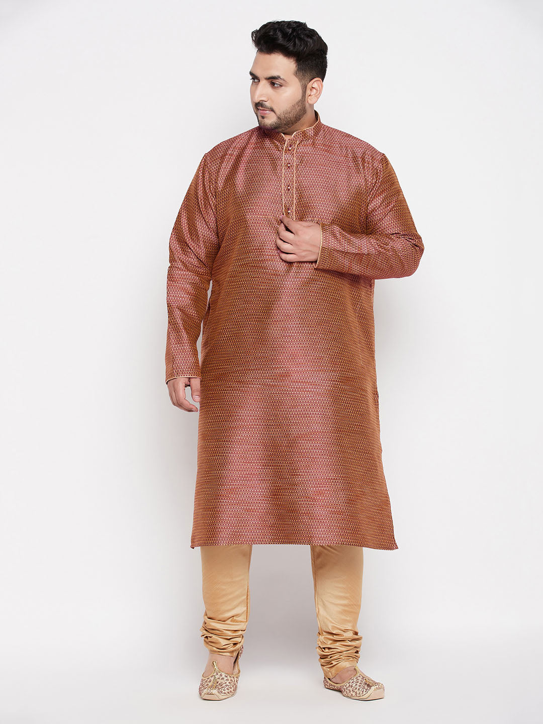 Men's Plus Size Maroon Woven Kurta And Rose Gold Pyjama Set