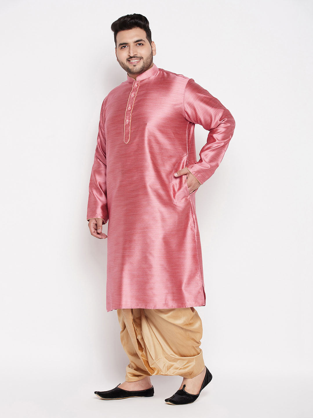 Men's Plus Size Pink Woven Kurta And Rose Gold Dhoti Set