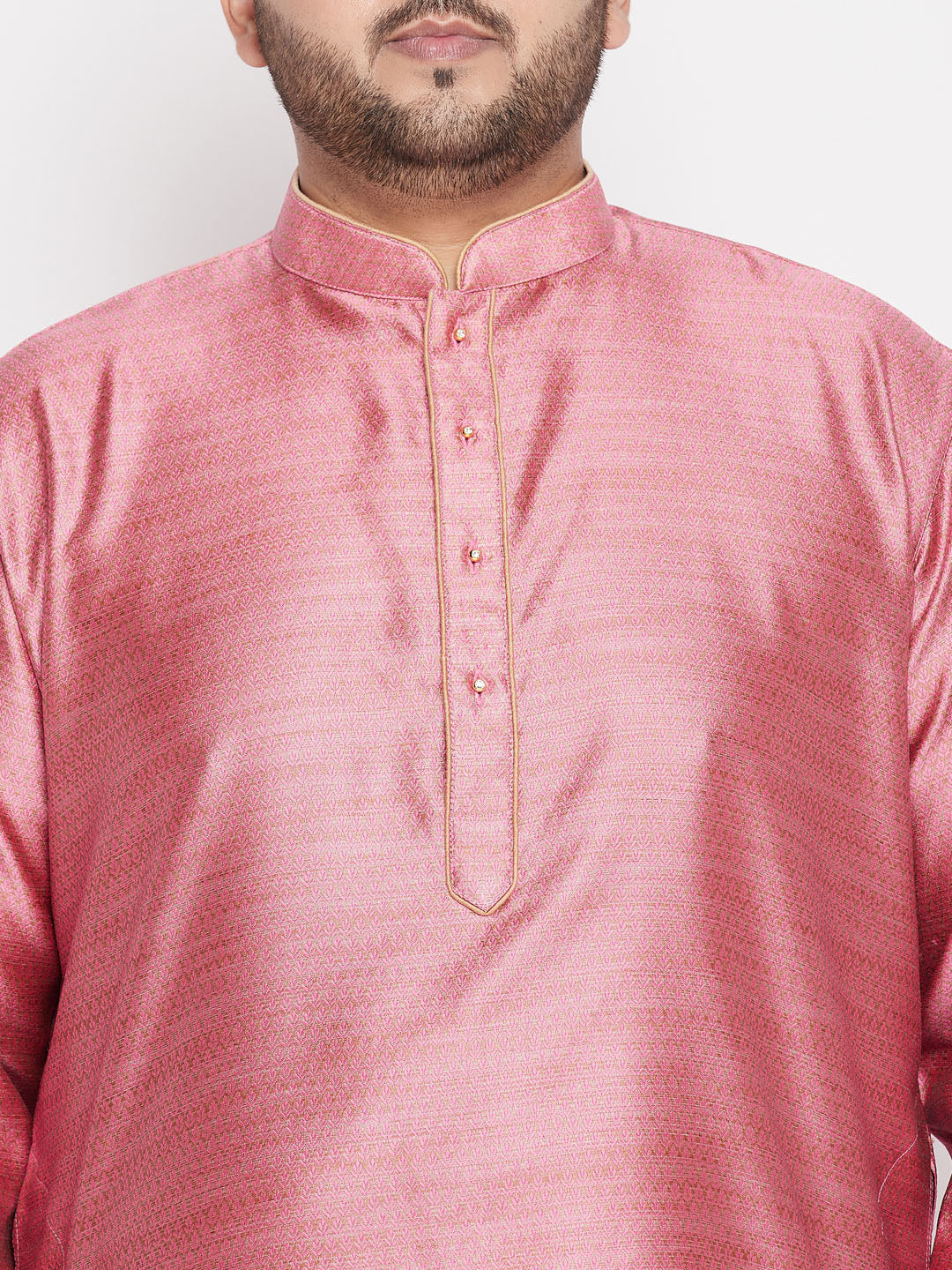Men's Plus Size Pink Woven Kurta And Rose Gold Dhoti Set