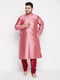 Men's Plus Size Pink Woven Kurta And Maroon Pyjama Set
