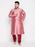 Men's Plus Size Pink Woven Kurta And Maroon Pyjama Set
