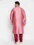 Men's Plus Size Pink Woven Kurta And Maroon Pyjama Set