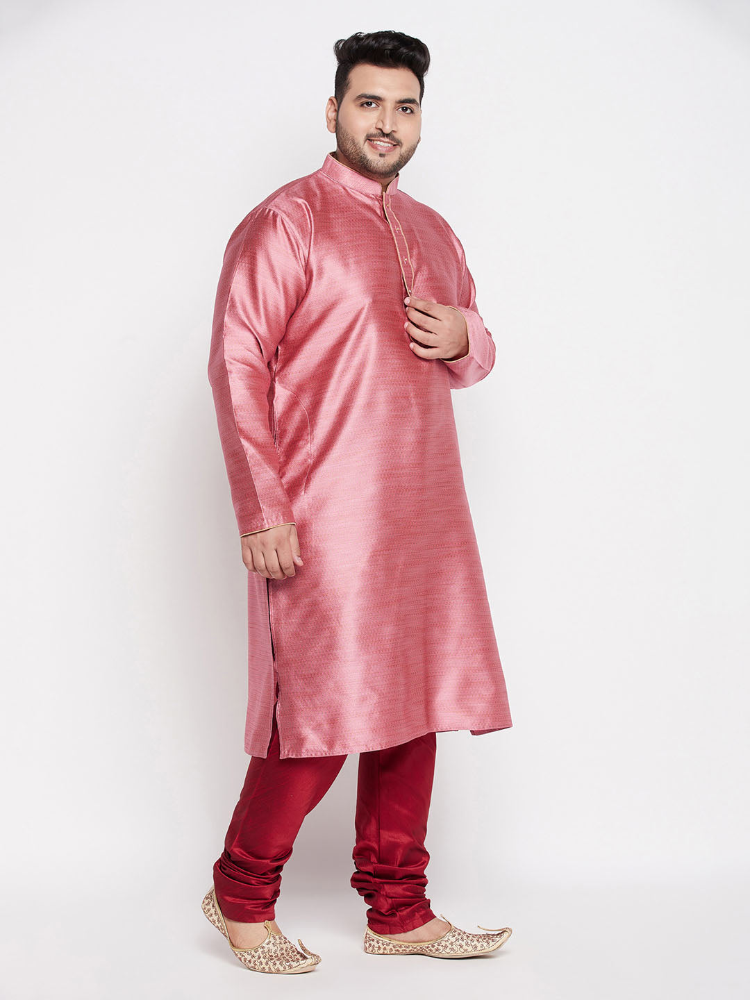 Men's Plus Size Pink Woven Kurta And Maroon Pyjama Set