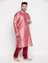 Men's Plus Size Pink Woven Kurta And Maroon Pyjama Set
