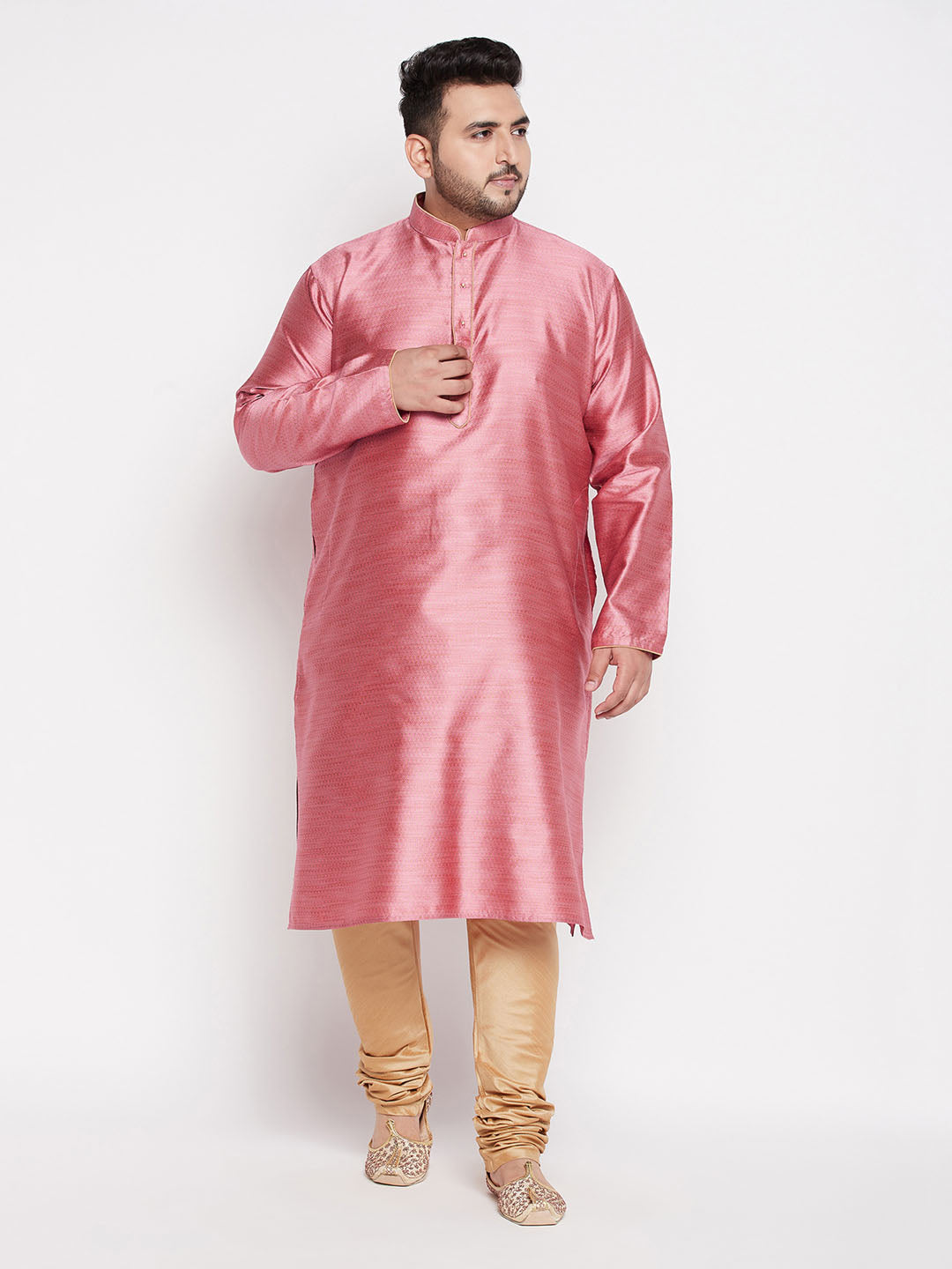 Men's Plus Size Pink Woven Kurta And Rose Gold Pyjama Set