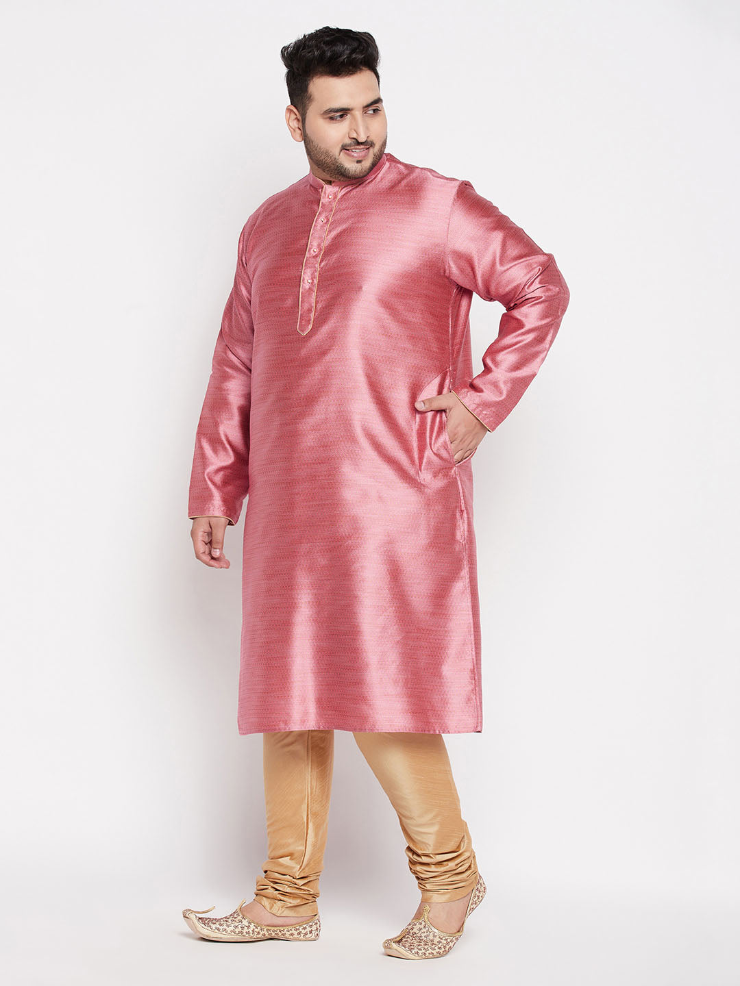 Men's Plus Size Pink Woven Kurta And Rose Gold Pyjama Set