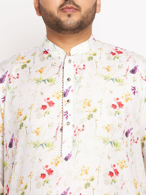 Men's Plus Size Cream Cotton Blend Printed Kurta And Solid Pyjama Set
