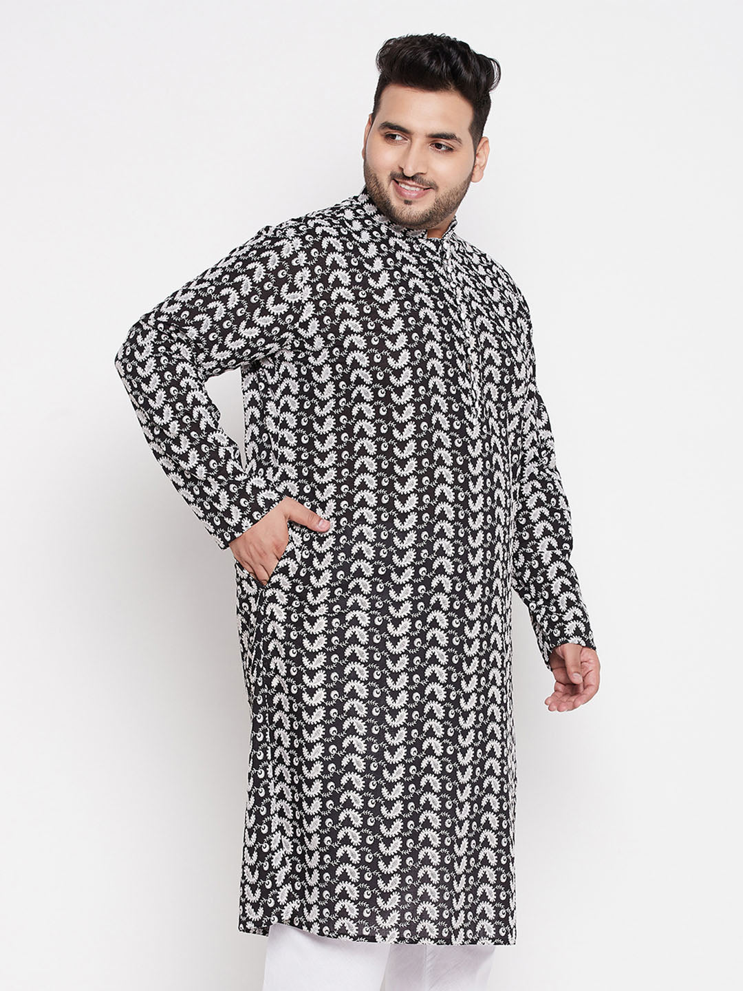 Men's Plus Size Black Chikankari Embroidered Kurta