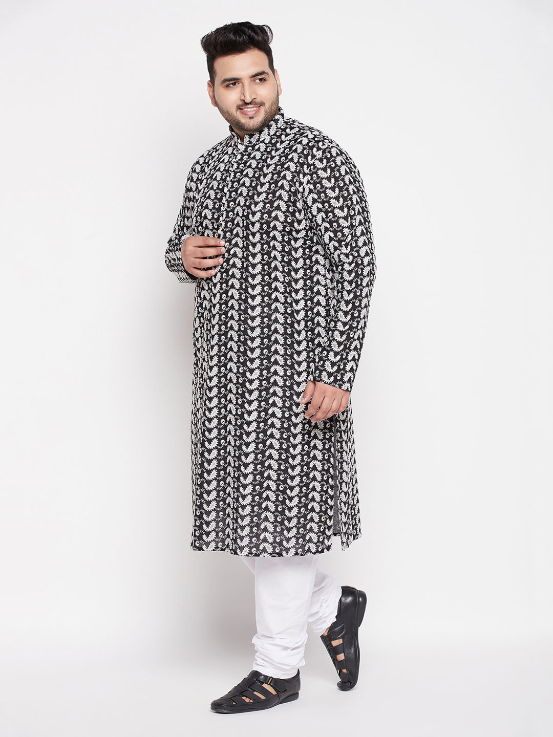 Men's Plus Size Black Chikankari Embroidered Kurta And White Pyjama Set