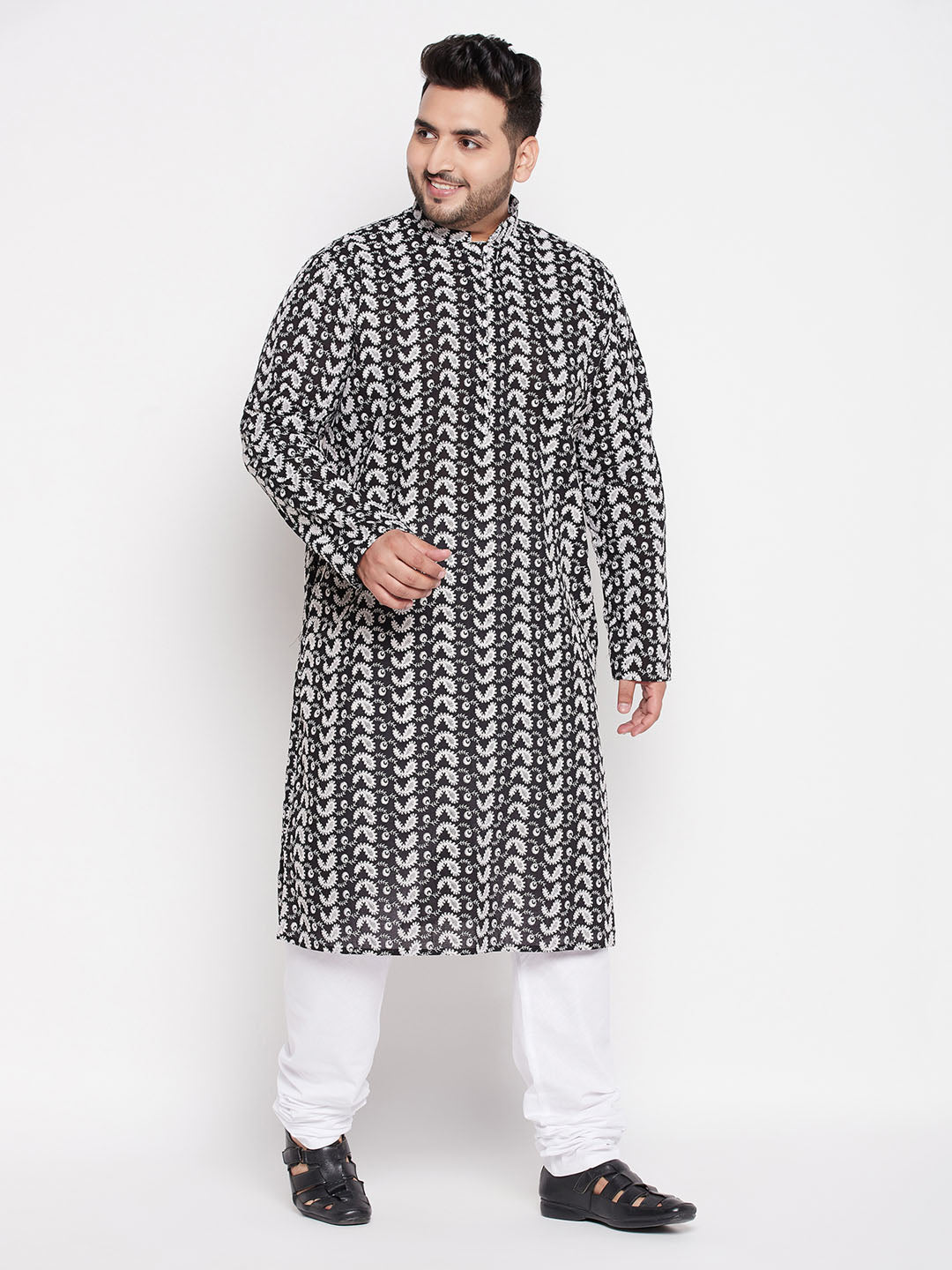Men's Plus Size Black Chikankari Embroidered Kurta And White Pyjama Set