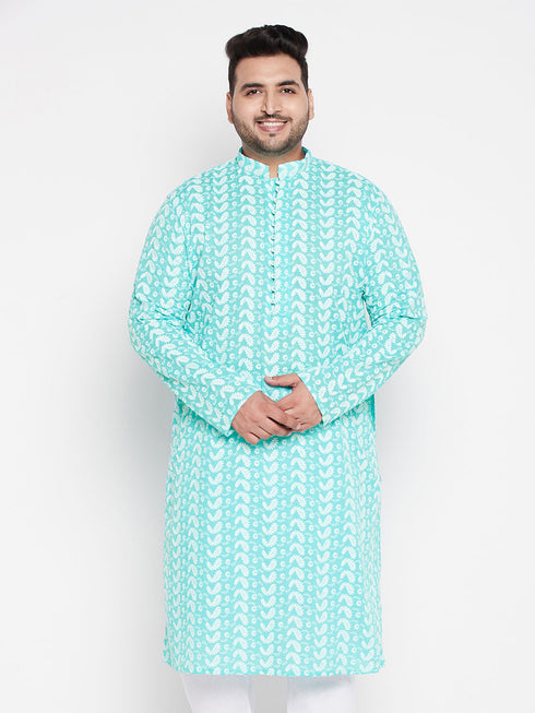 Men's Plus Size Green Chikankari Embroidered Kurta