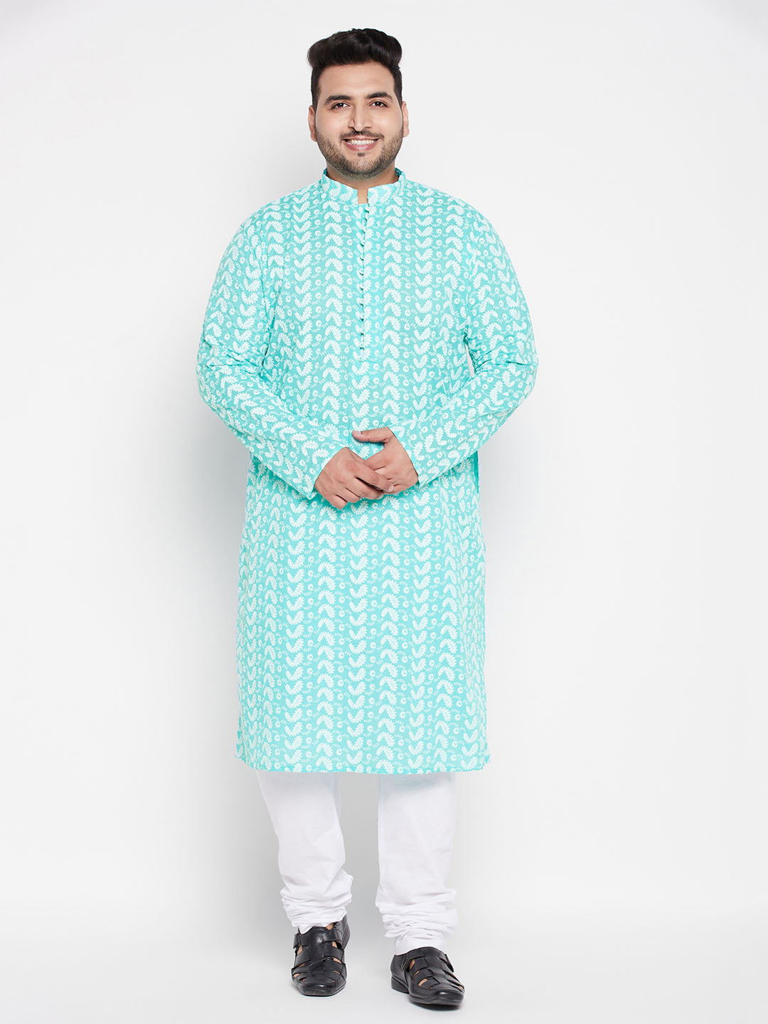 Men's Plus Size Green Chikankari Embroidered Kurta