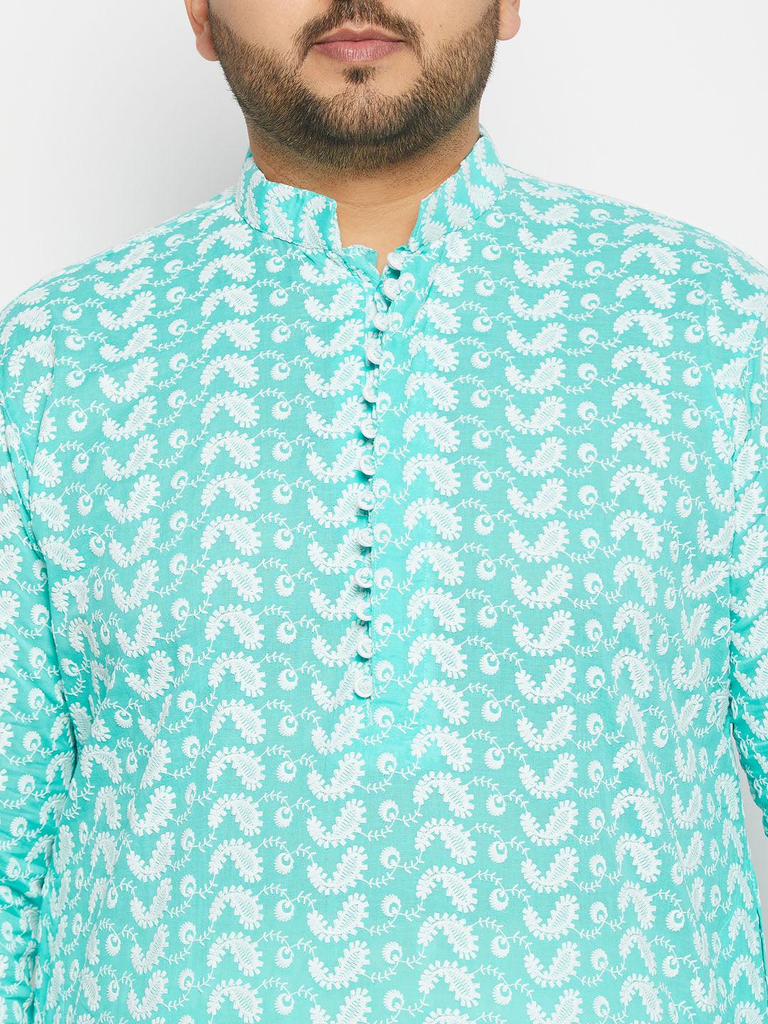 Men's Plus Size Green Chikankari Embroidered Kurta And Cream Patiala Set