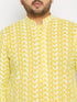 Men's Plus Size Mustard Chikankari Embroidered Kurta And White Cotton Pant Style Pyjama Set