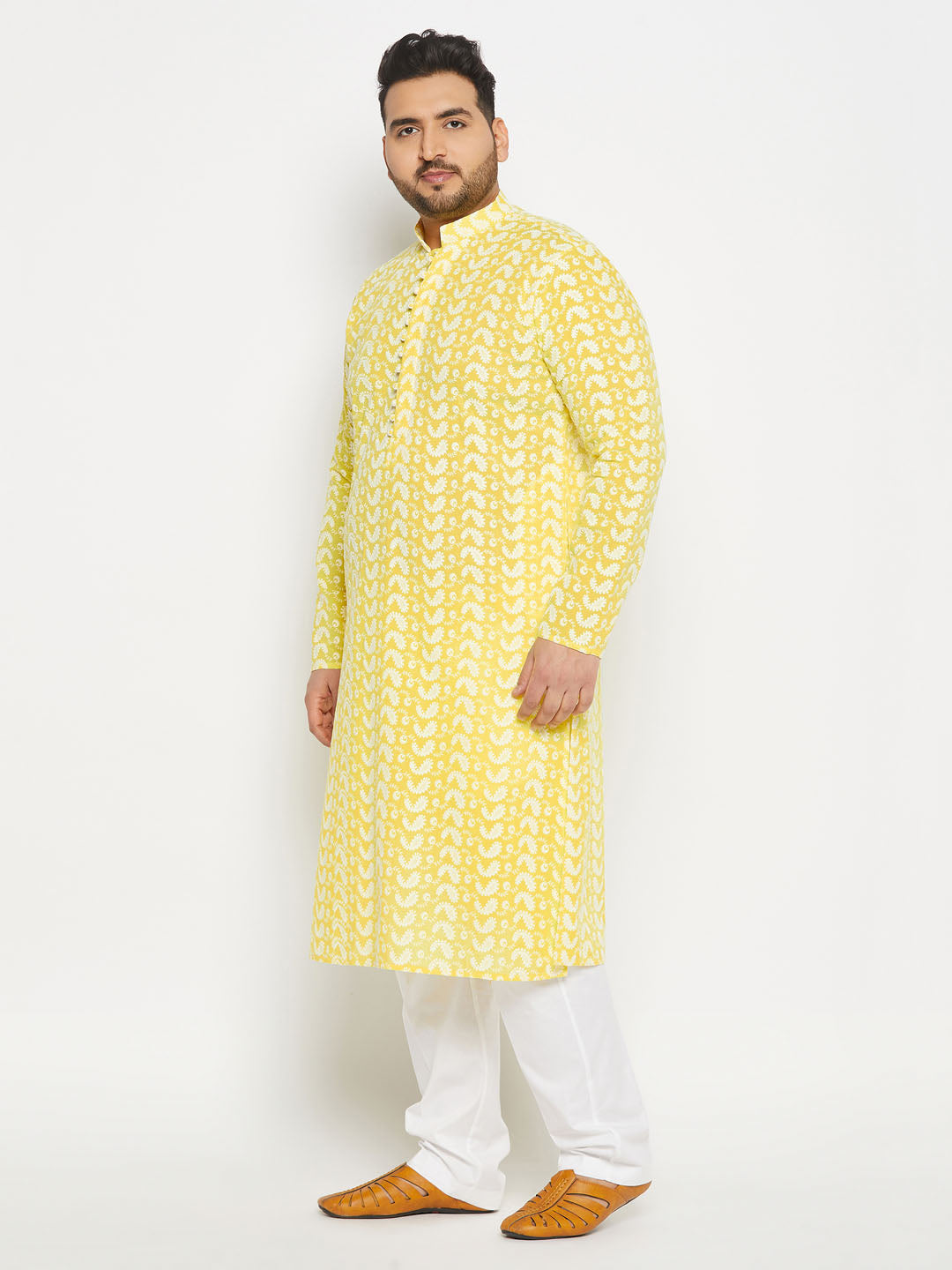 Men's Plus Size Mustard Chikankari Embroidered Kurta And White Cotton Pant Style Pyjama Set
