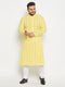 Men's Plus Size Mustard Chikankari Embroidered Kurta And White Pyjama Set