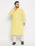 Men's Plus Size Mustard Chikankari Embroidered Kurta And White Pyjama Set