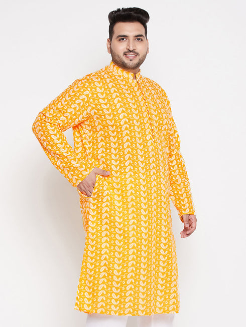 Men's Plus Size Orange Chikankari Embroidered Kurta