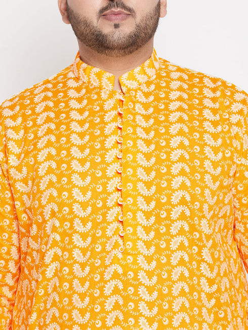 Men's Plus Size Orange Chikankari Embroidered Kurta