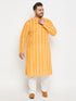 Men's Plus Size Orange Chikankari Embroidered Kurta And White Cotton Pant Style Pyjama Set