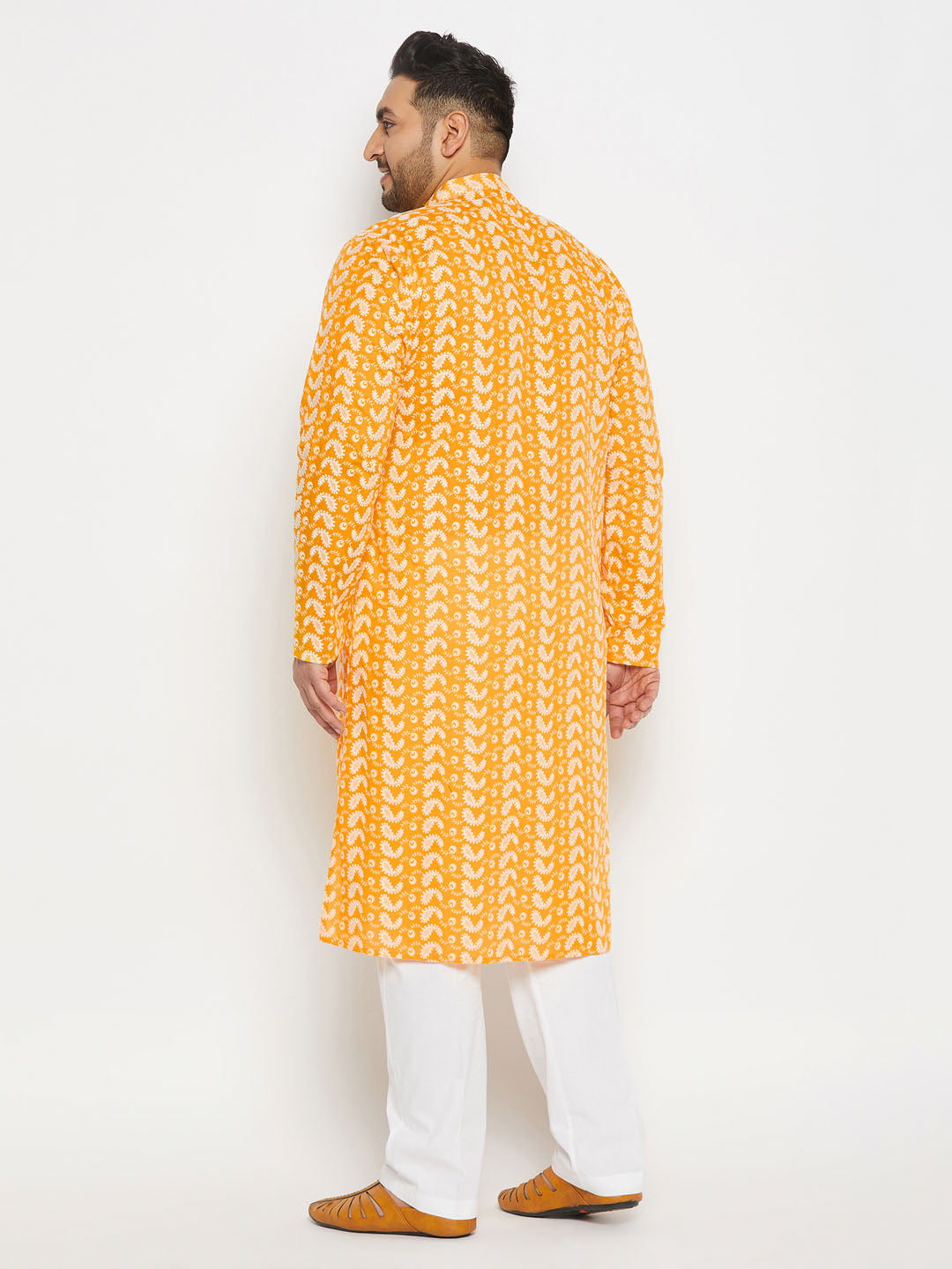 Men's Plus Size Orange Chikankari Embroidered Kurta And White Cotton Pant Style Pyjama Set